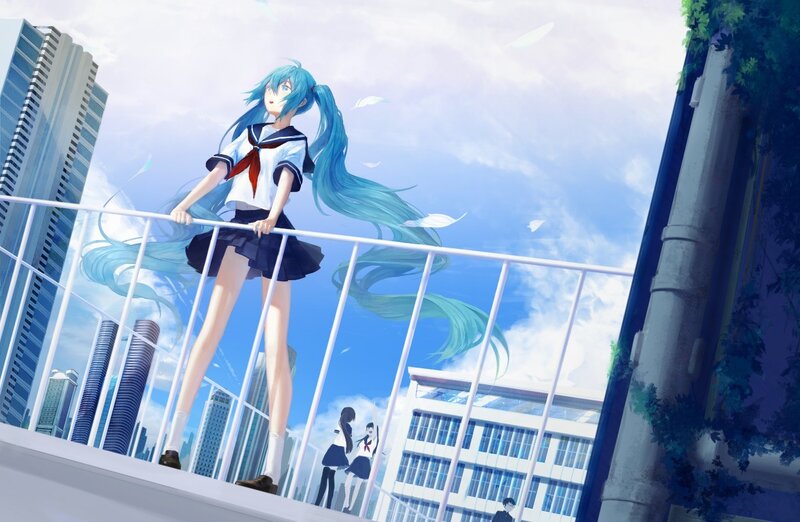 Blue-haired Girl on Balcony — Blue, Serene, Afternoon