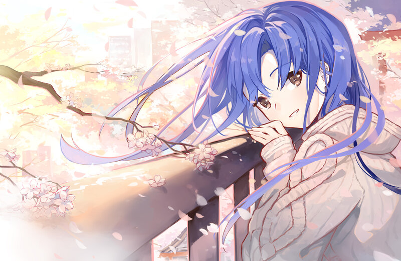 Blue-haired Girl on Balcony — Blue, Serene, Spring