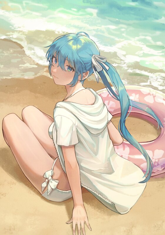 Blue-haired Girl on Beach — Blue, Serene, Afternoon, Digital Art
