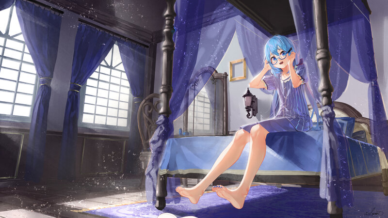 Blue-haired Girl on Bed — Blue, Calm, Morning, Digital Art