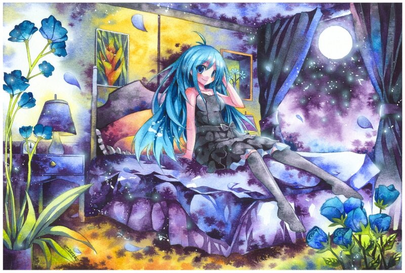 Blue-haired Girl on Bed — Blue, Dreamy, Night
