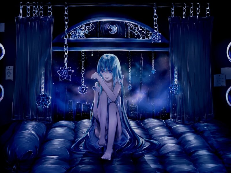 Blue-haired Girl on Bed — Blue, Melancholic
