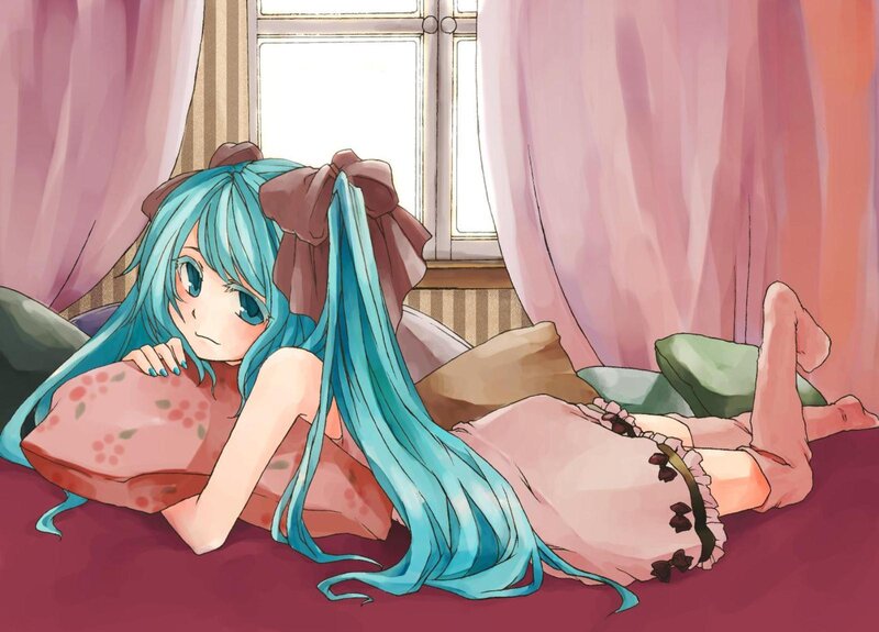 Blue-haired Girl on Bed — Pink