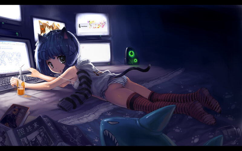 Blue-haired Girl on Bed — Purple
