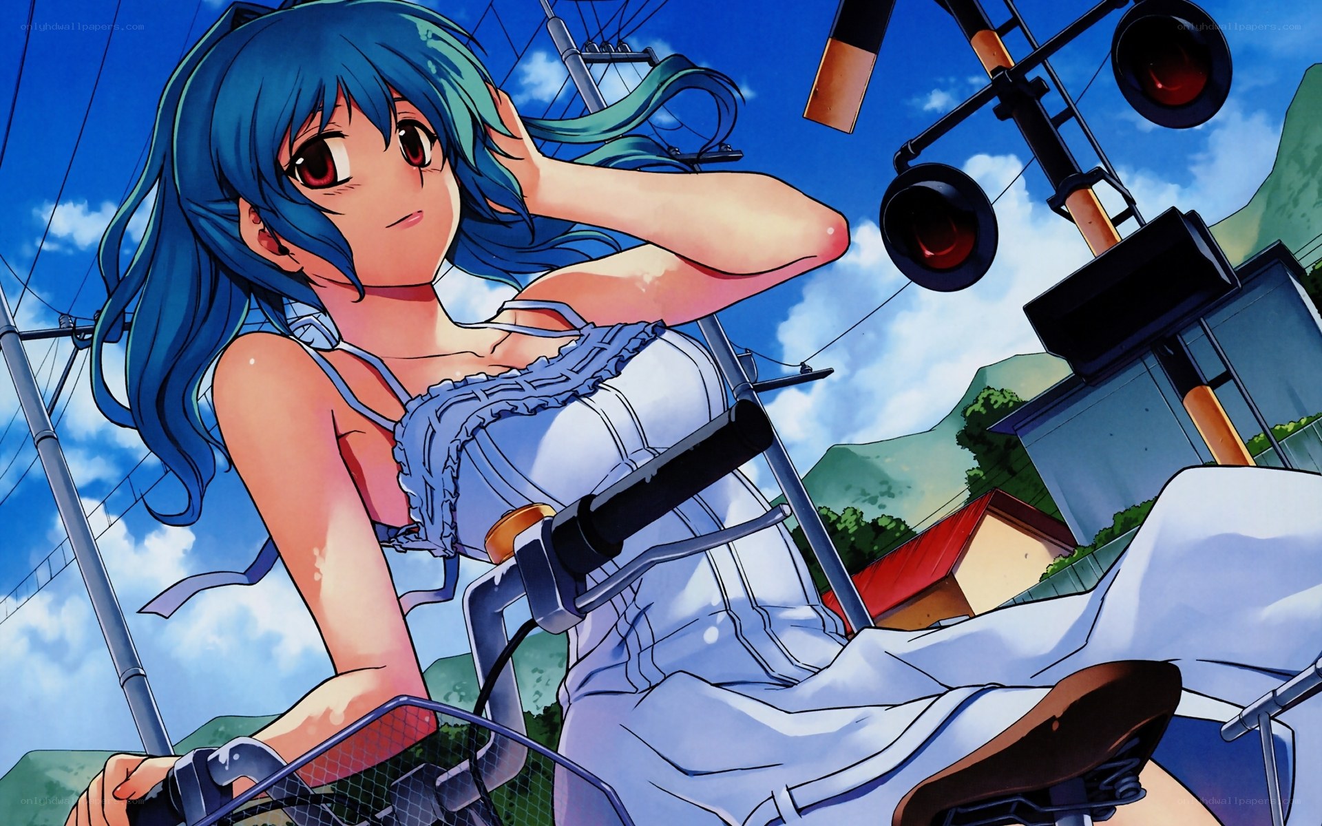 blue-haired girl on bicycle