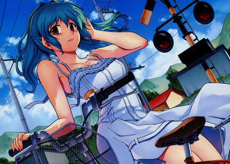 blue-haired girl on bicycle