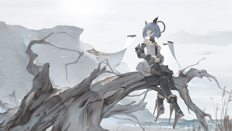 Blue-haired Girl on Branch — Gray
