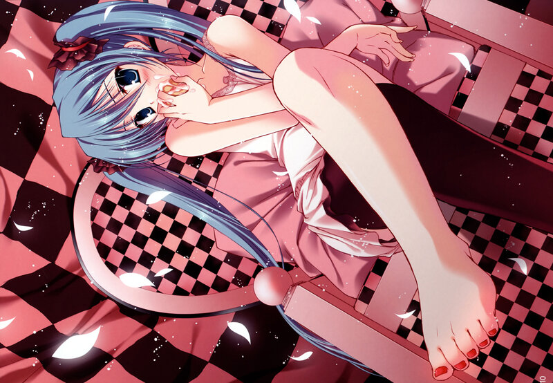 Blue-haired girl on checkered bed