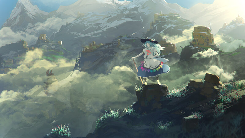 Blue-haired Girl on Cliff — White