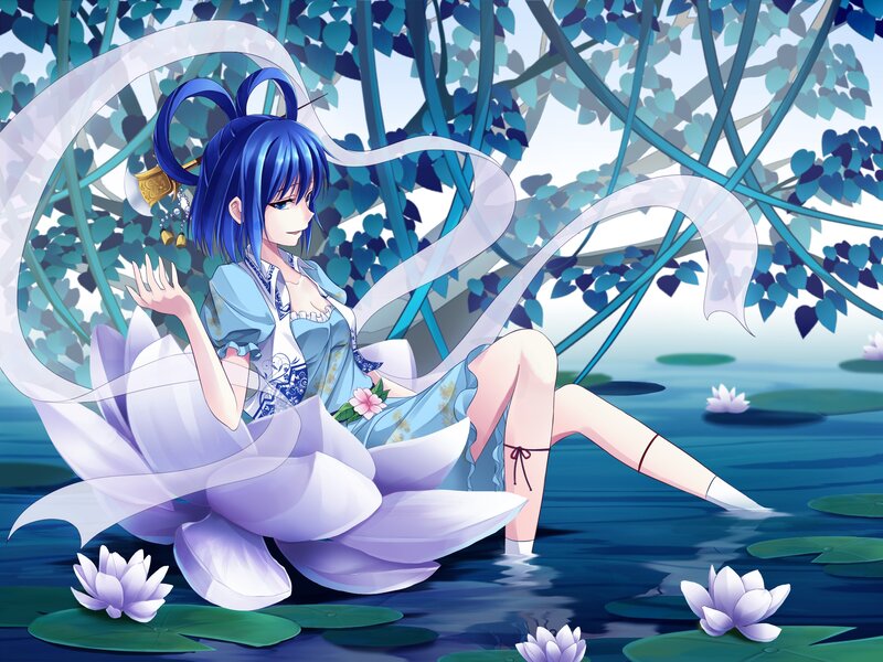 Blue-haired girl on lotus flower