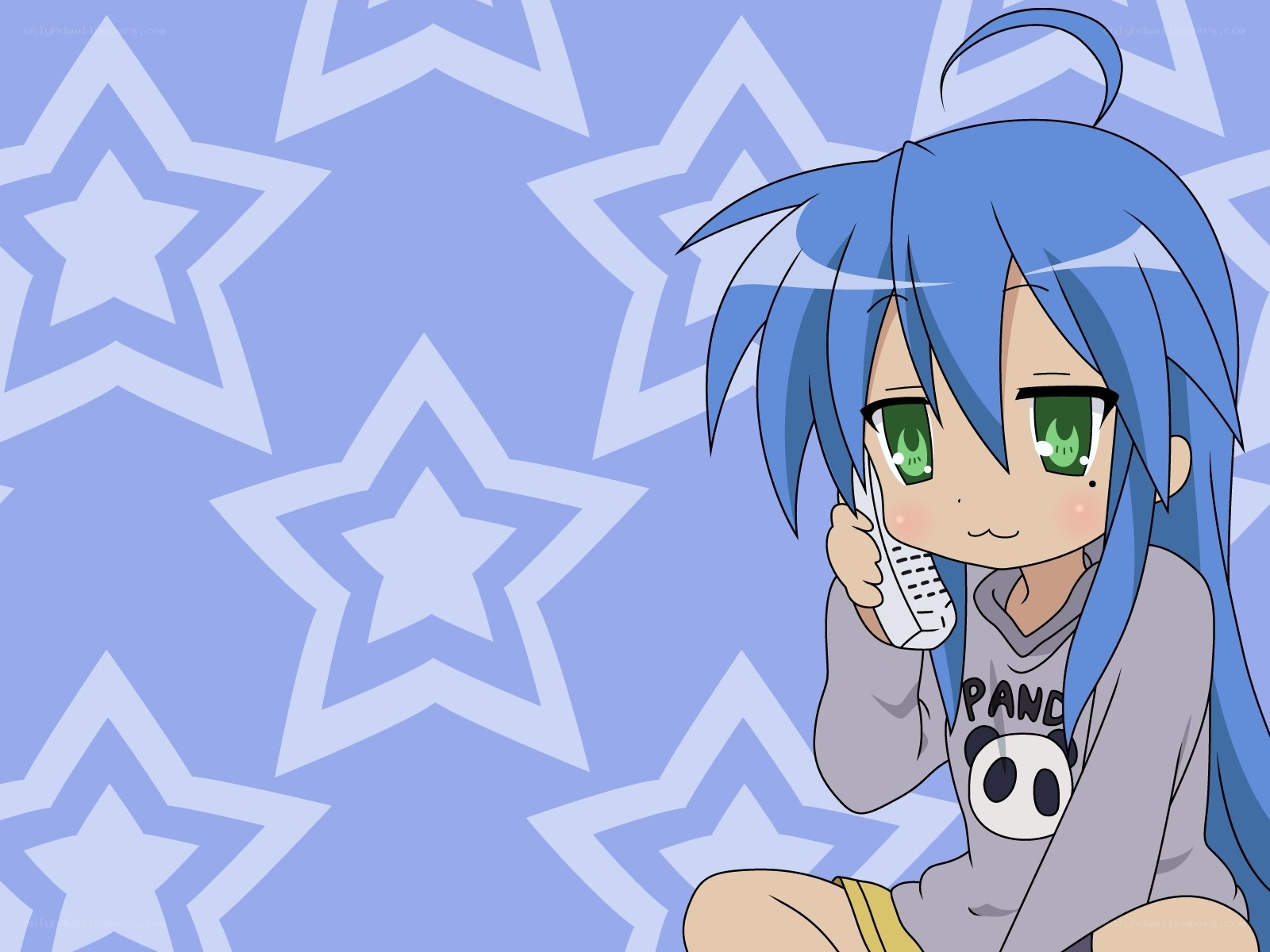 blue-haired girl on phone