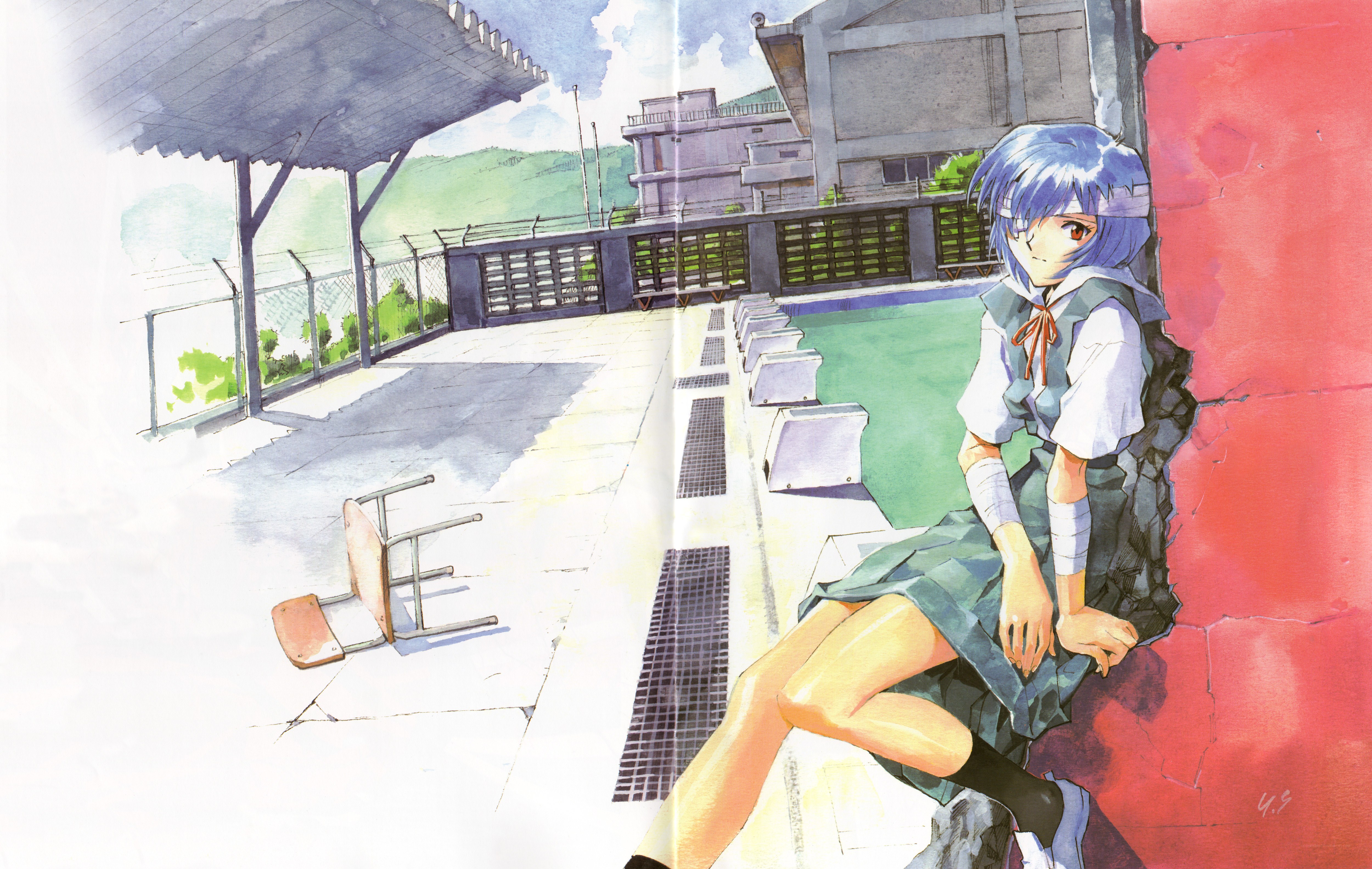 Blue-haired girl on rooftop