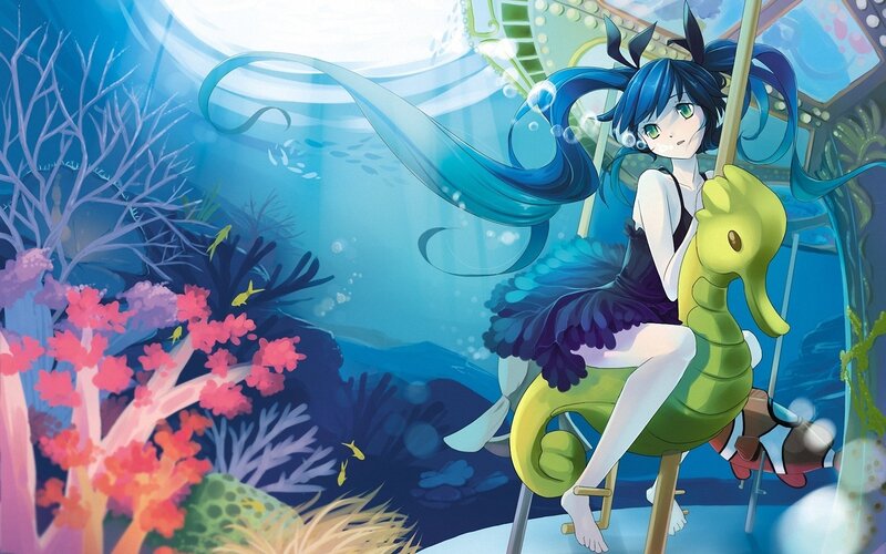 blue-haired girl on seahorse