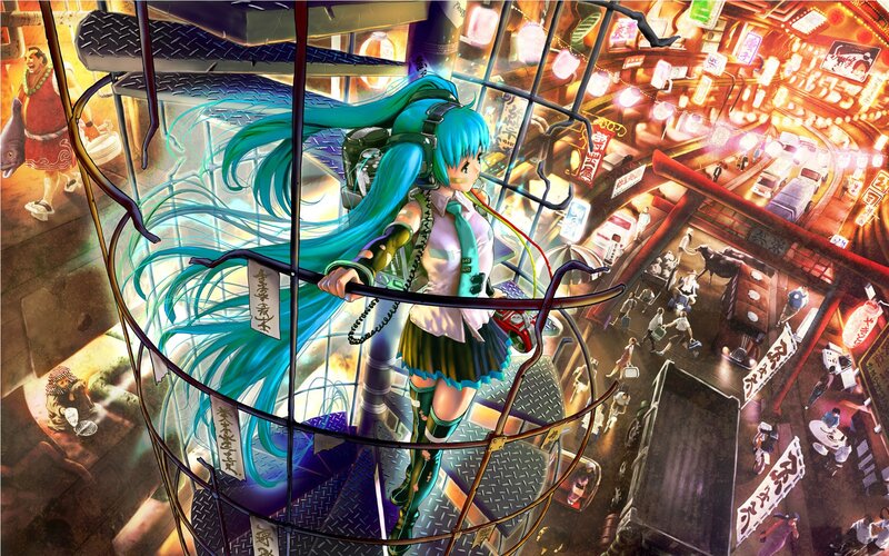 Blue-haired Girl on Stairs — Cyan, Dramatic, Night