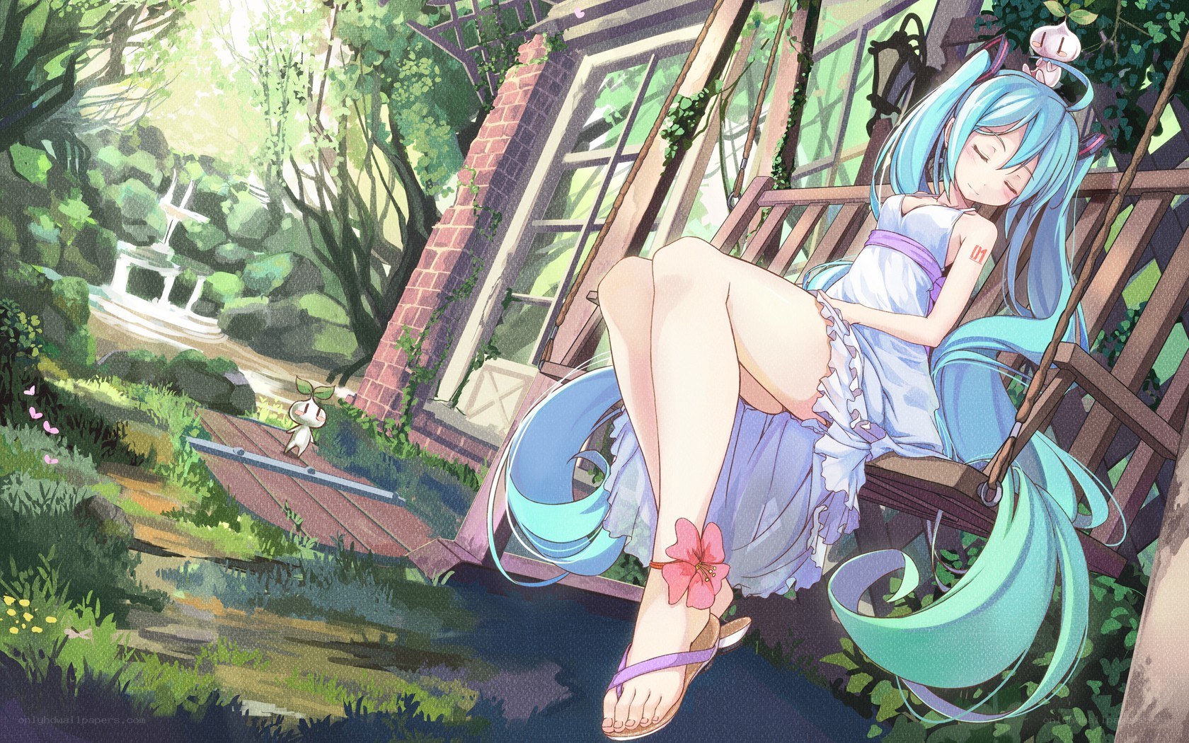 blue-haired girl on swing
