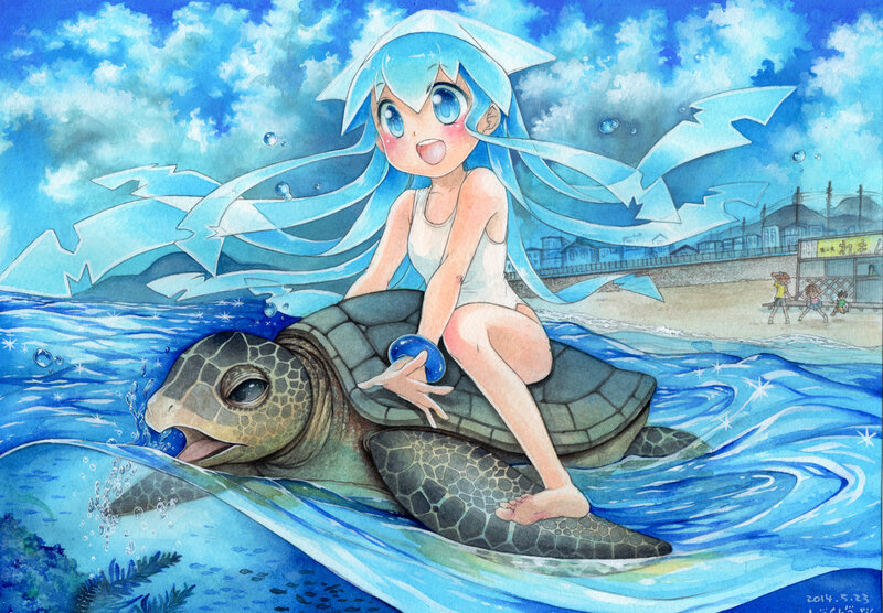 Blue-haired Girl on Turtle
