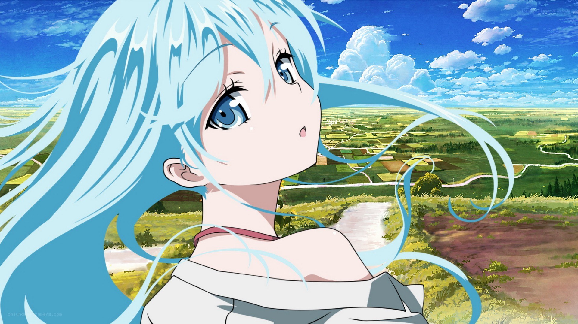 blue-haired girl overlooking landscape