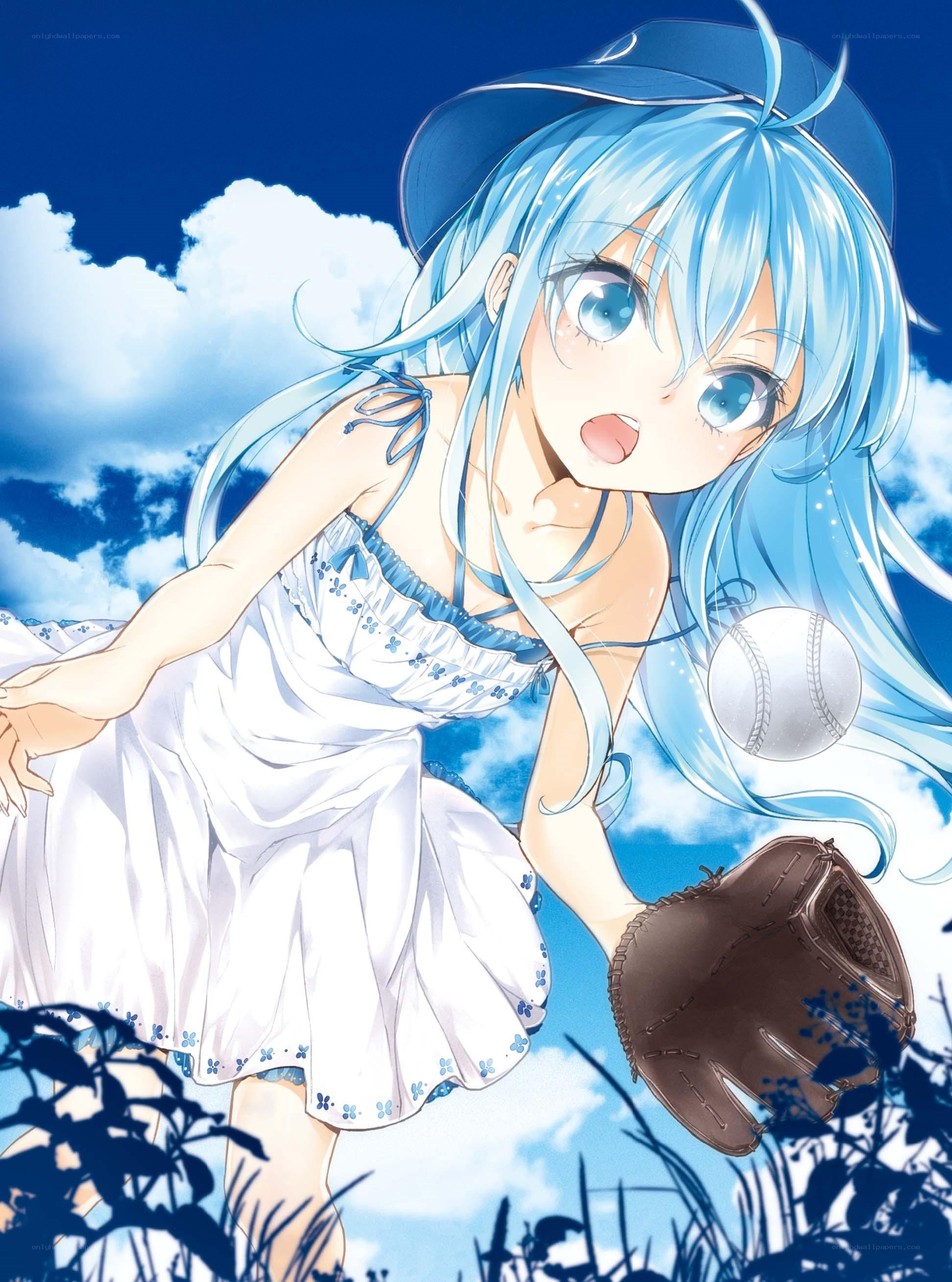 Blue-haired girl playing baseball