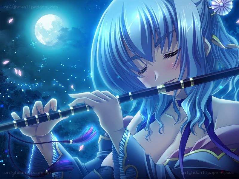 Blue-haired girl playing flute