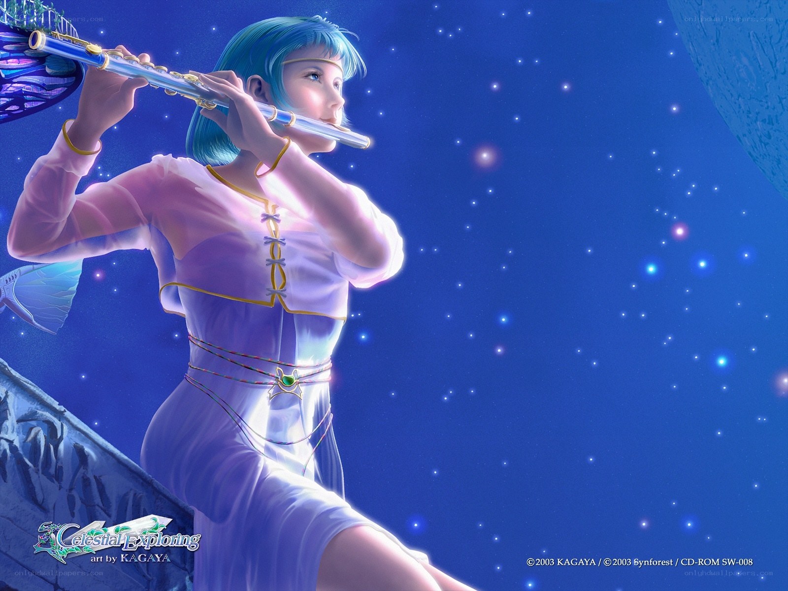 Blue-haired girl playing flute