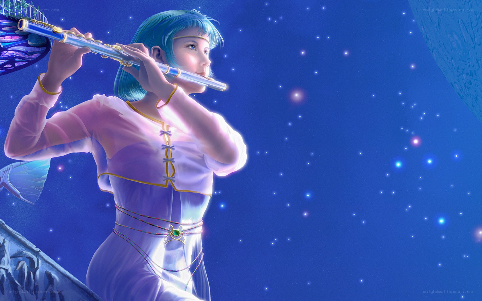 blue-haired girl playing flute
