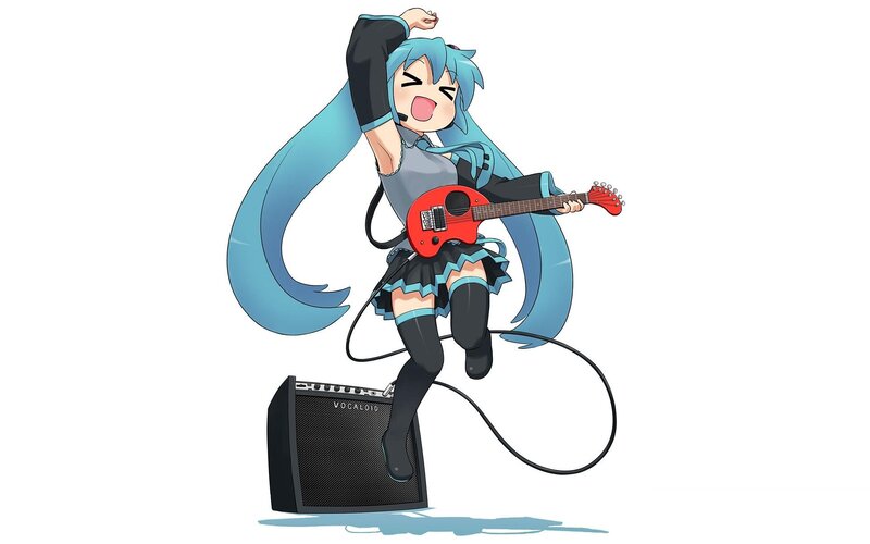 Blue-haired Girl Playing Guitar — Blue, Energetic, Anime, Amplifier, Microphone, Black