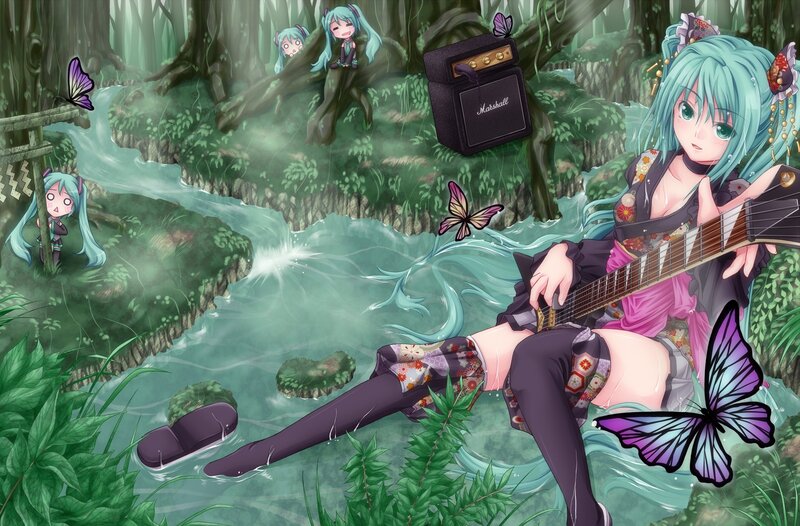 Blue-haired Girl Playing Guitar — Green
