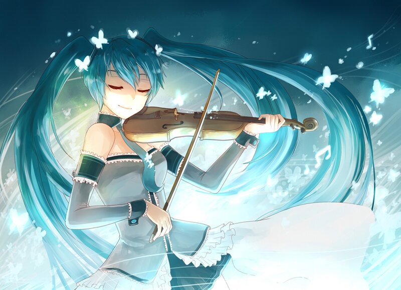 Blue-haired Girl Playing Violin — Blue, Serene