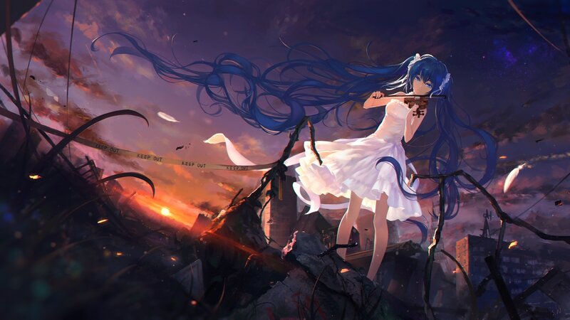Blue-haired Girl Playing Violin — Purple