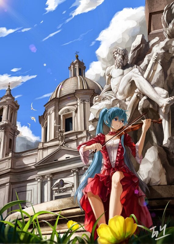 Blue-haired Girl Playing Violin — Red