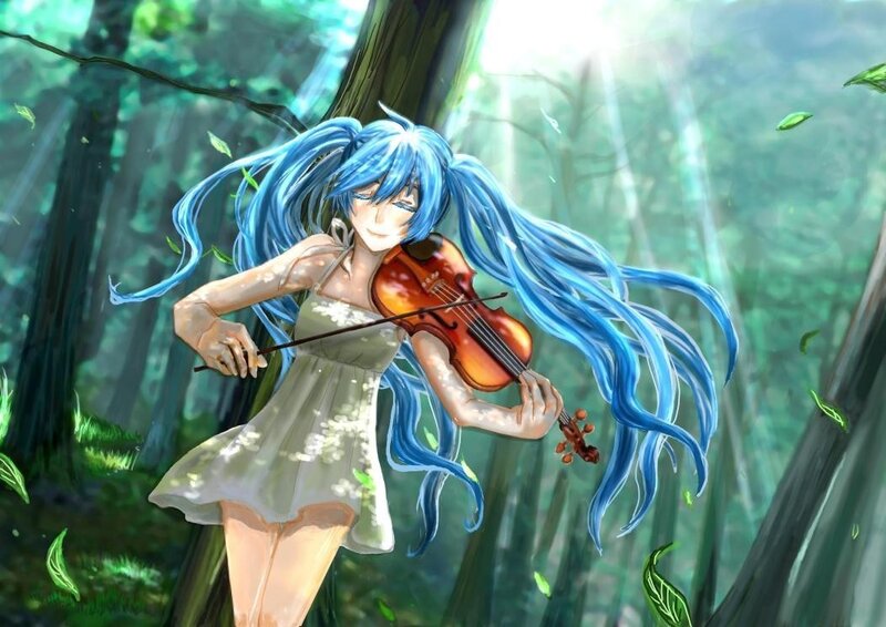 Blue-haired girl playing violin