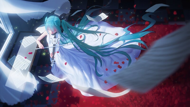 Blue-haired Girl Playing Violin — White, Dramatic, Night