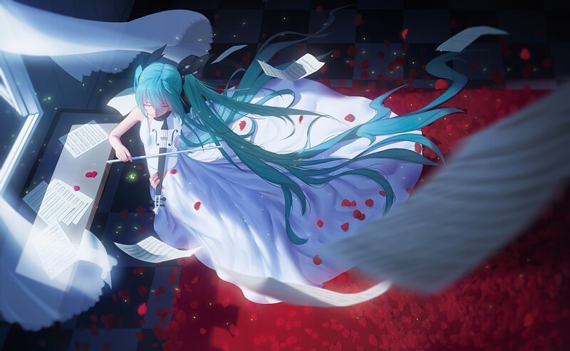 Blue-haired Girl Playing Violin — White, Dramatic