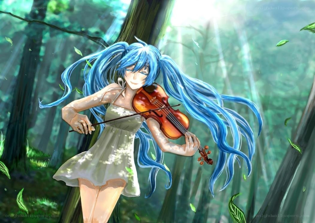 Blue-haired girl playing violin