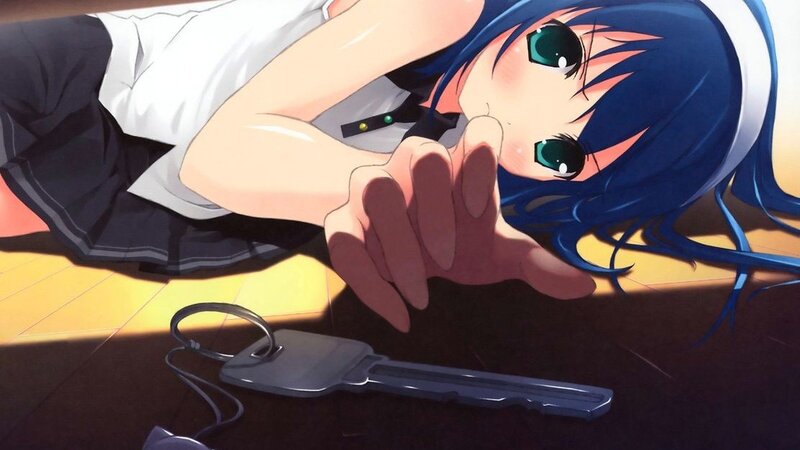 blue-haired girl reaching for keys