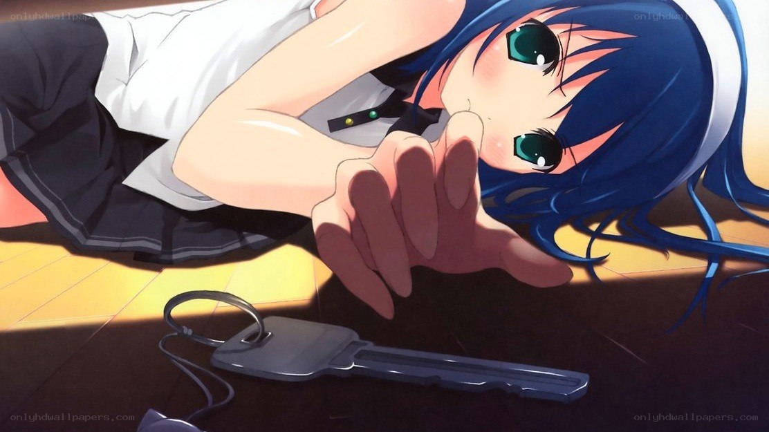 blue-haired girl reaching for keys