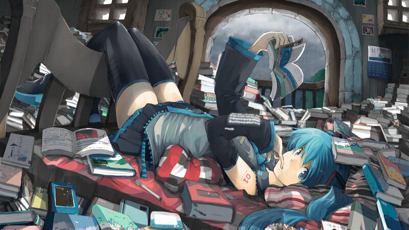 Blue-haired Girl Reading — Blue, Calm, Anime