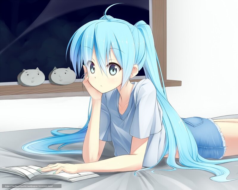 blue-haired girl reading book