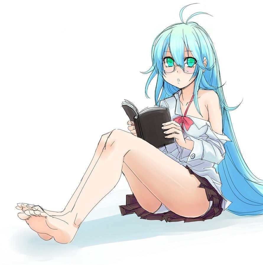 blue-haired girl reading book