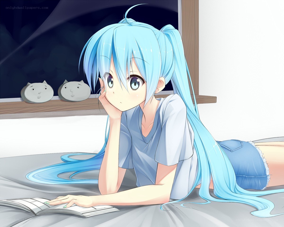blue-haired girl reading book