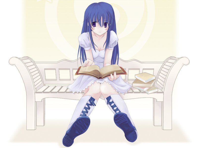 blue-haired girl reading book