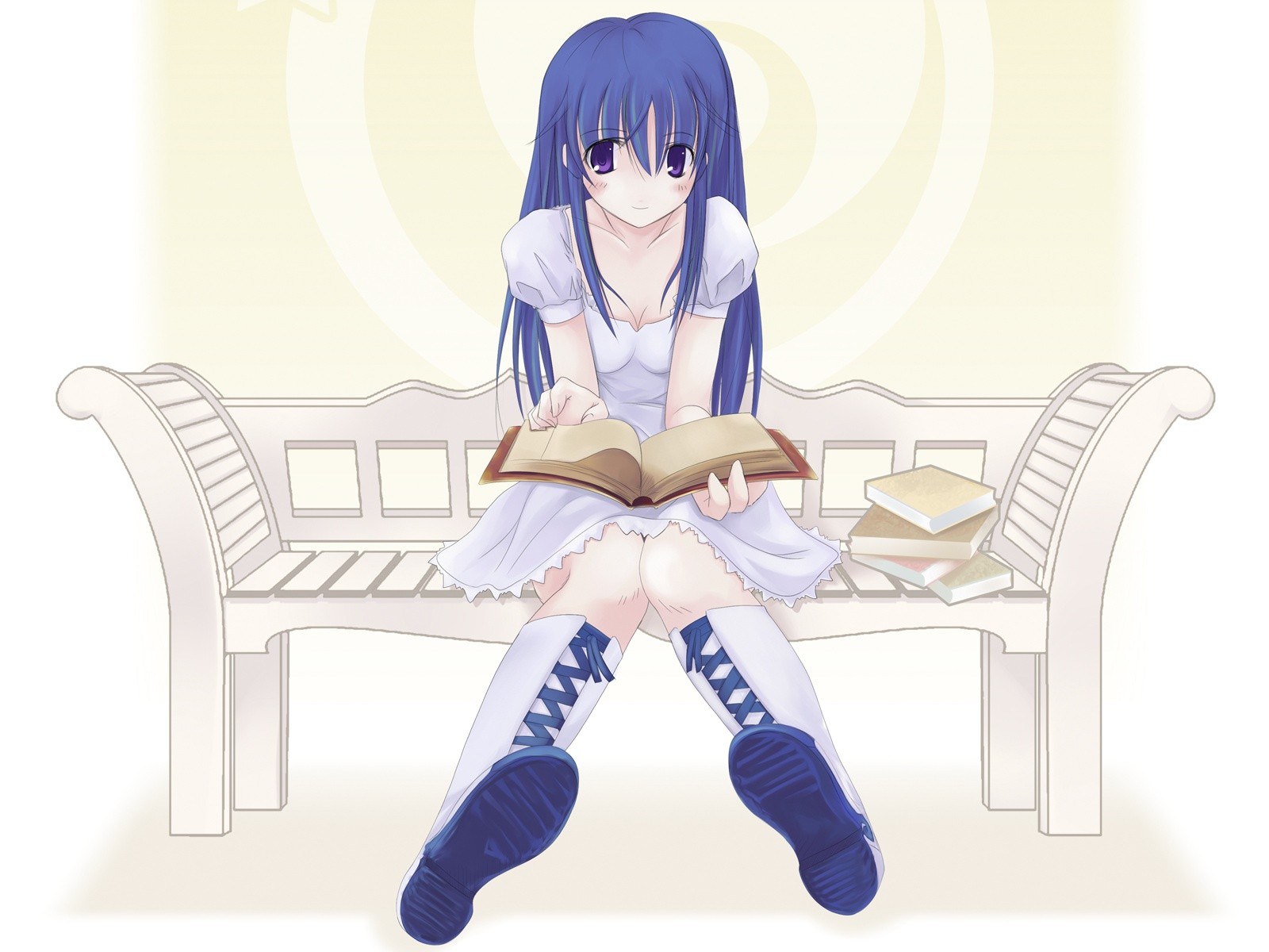 blue-haired girl reading book