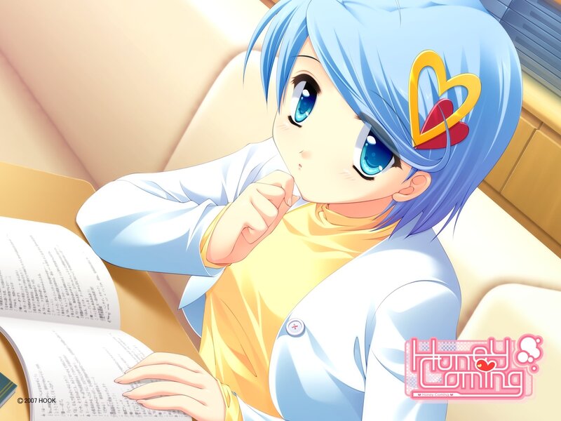 blue-haired girl reading book