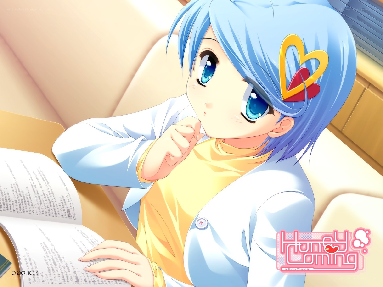 blue-haired girl reading book