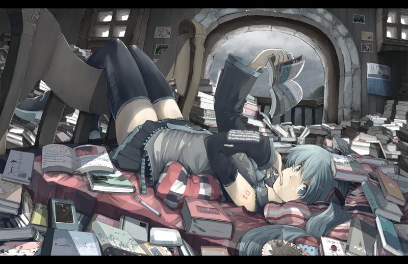 Blue-haired Girl Reading — Gray, Calm, Anime