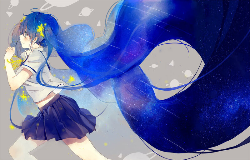 Blue-haired Girl Running — Blue, Dreamy, Anime