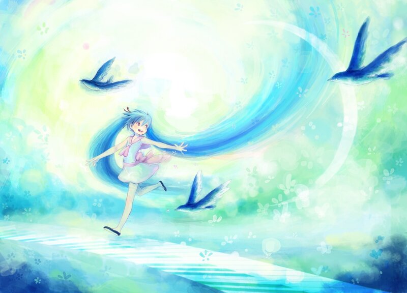 blue-haired girl running with birds