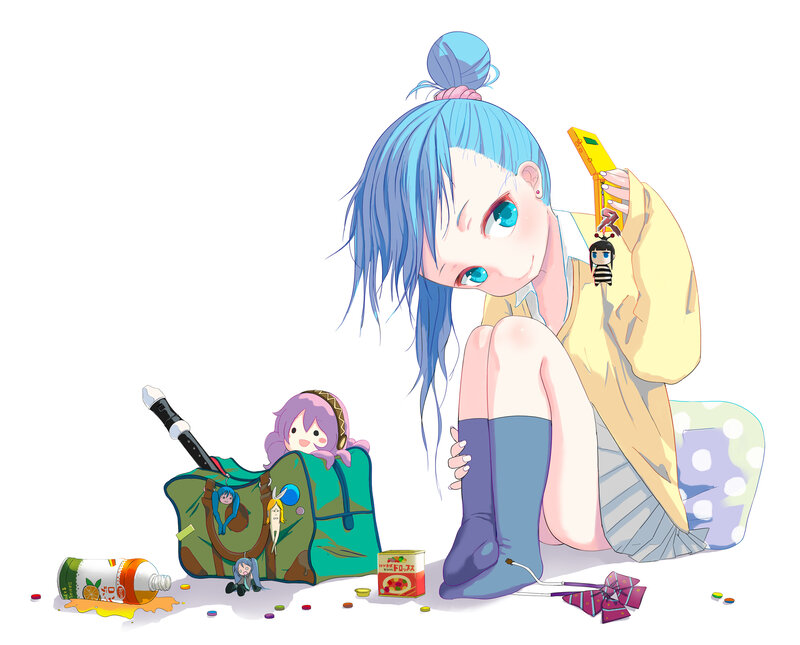 Blue-haired Girl Sitting — Blue, Calm, Anime, Bag