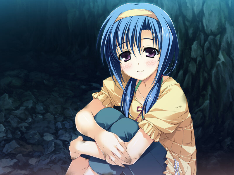 Blue-haired Girl Sitting — Blue, Calm, Anime, Cave