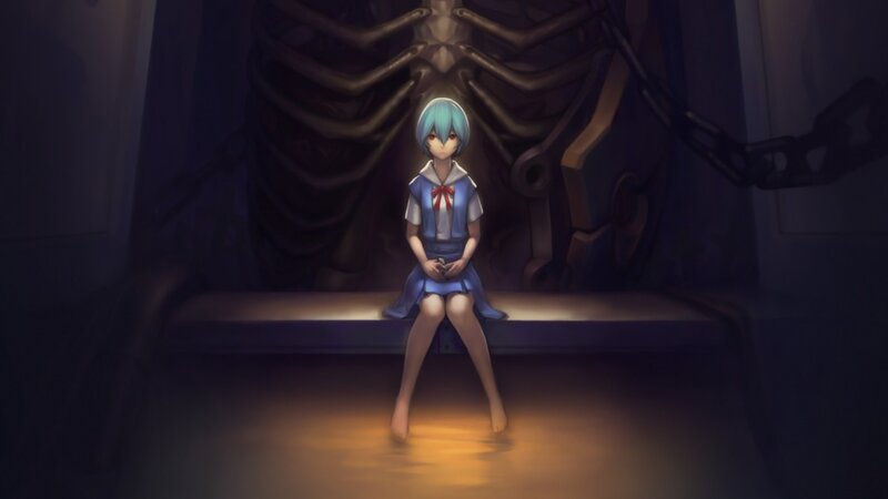 Blue-haired Girl Sitting — Blue, Dramatic, Night, Anime
